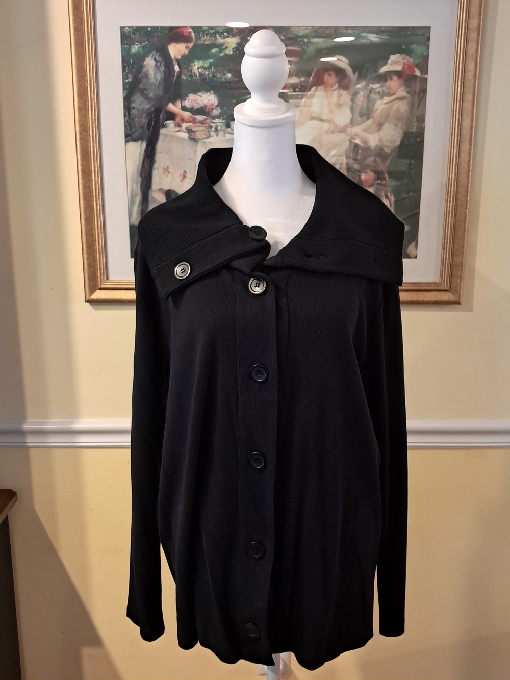 Rafaella Black Button-Front Women’s Sweater with Fold-Over Collar